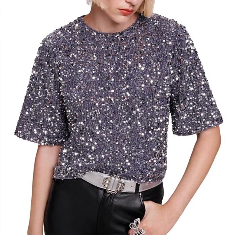 Maje Sequinned Velvet Top Silver size M